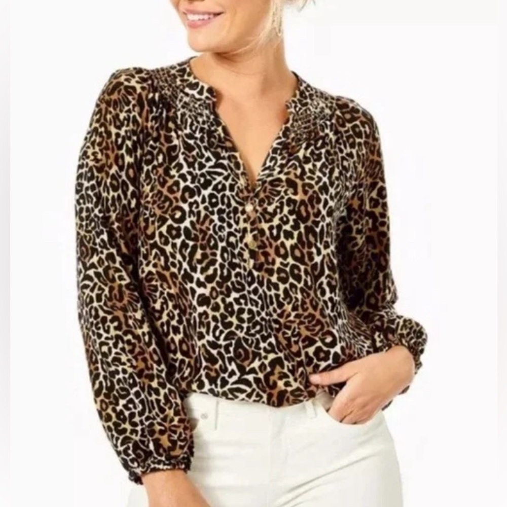 Lilly Pulitzer Elsa Silk Blouse Sz S My Favorite Spot Onyx Brown